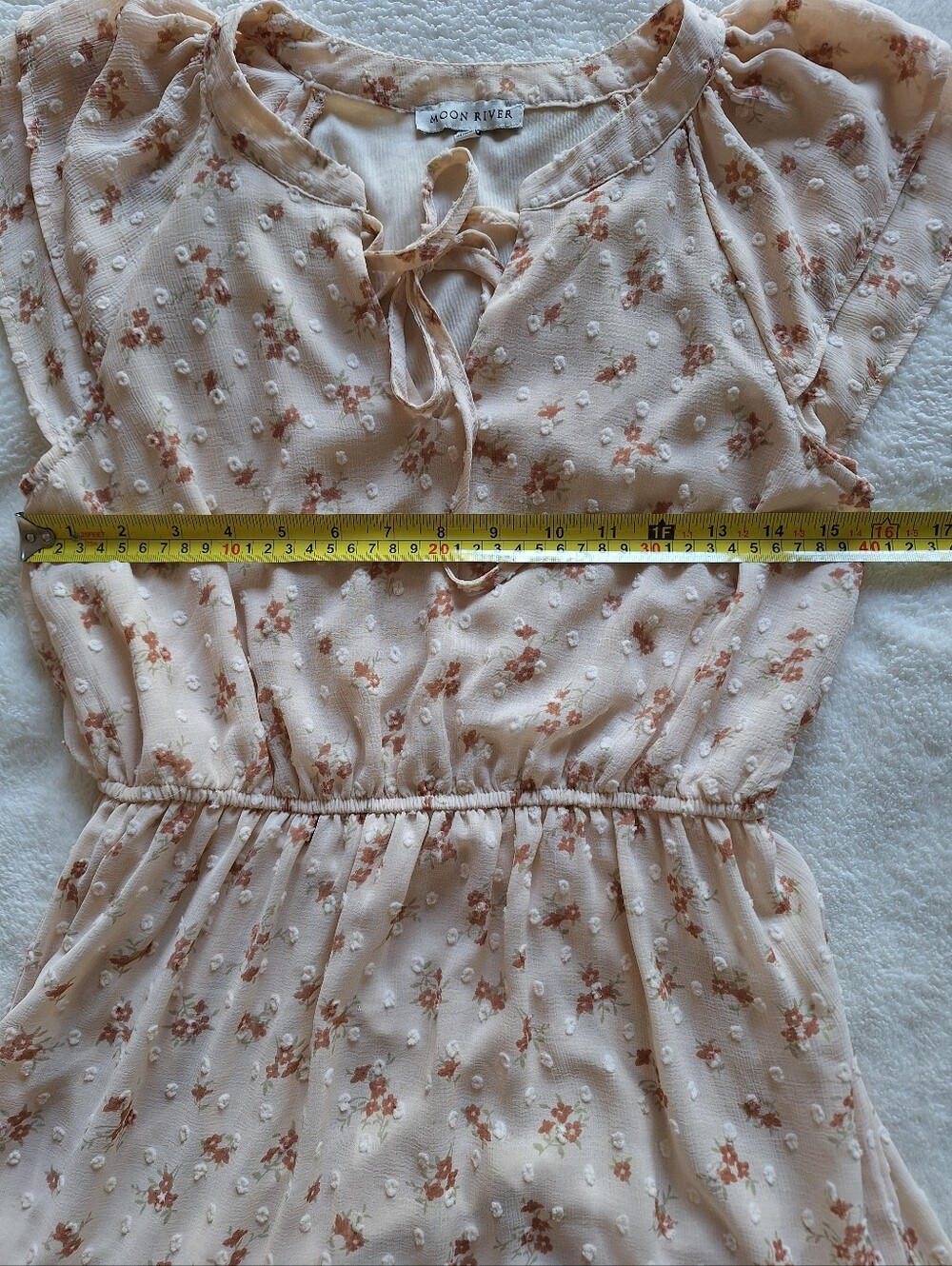 Moon River Floral Swiss Dot Tiered Midi Dress Tie Neck S - Picture 8 of 11